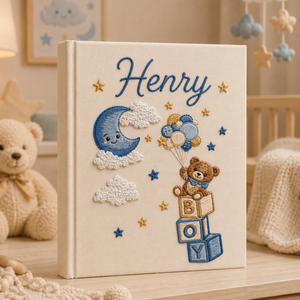 Personalized Hand Embroidered Baby Boy Photo Album, Embroidered Teddy Bear Balloon Memory Book, Newborn Keepsake Album, Baby Shower Gift