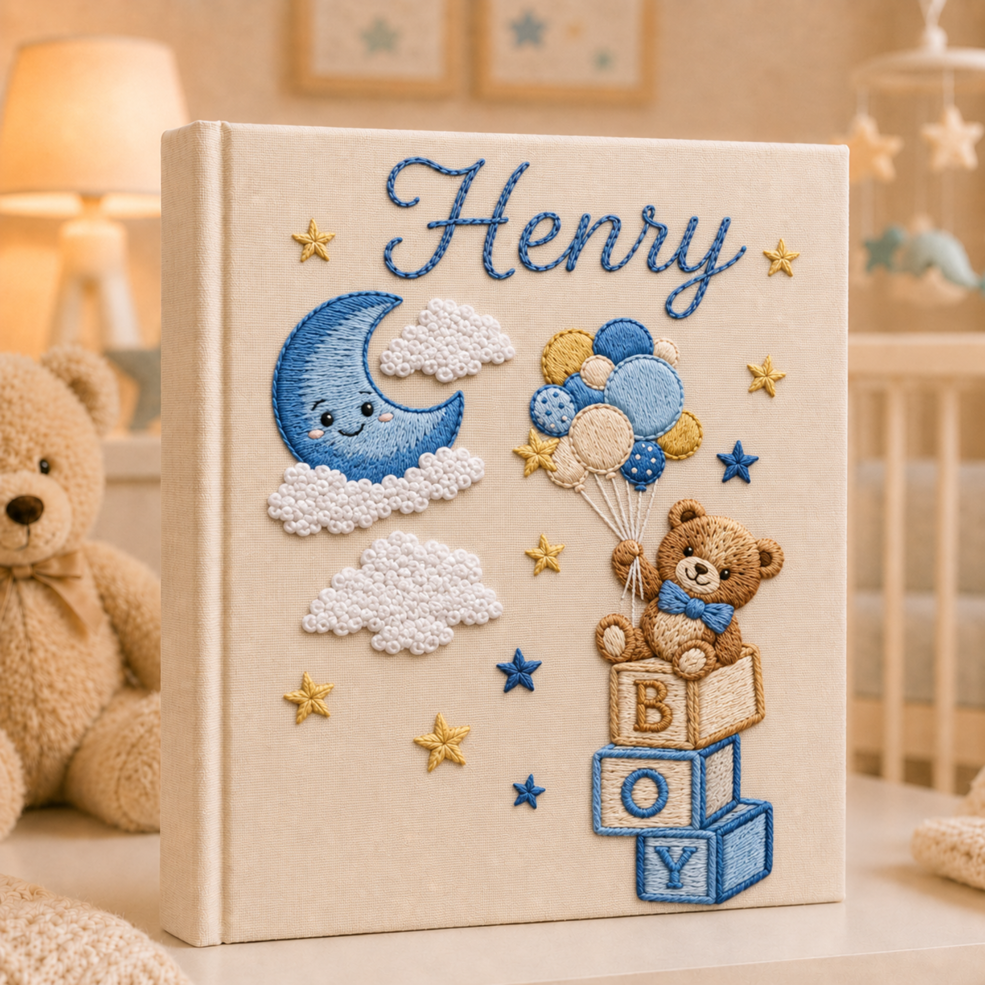 Personalized Hand Embroidered Baby Boy Photo Album, Embroidered Teddy Bear Balloon Memory Book, Newborn Keepsake Album, Baby Shower Gift