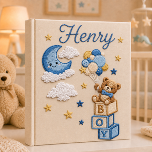 Personalized Hand Embroidered Baby Boy Photo Album, Embroidered Teddy Bear Balloon Memory Book, Newborn Keepsake Album, Baby Shower Gift