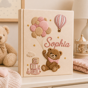 Personalized Hand Embroidered Baby Girl Photo Album, Embroidered Teddy Bear Balloon Memory Book, Newborn Keepsake Album, Baby Shower Gift