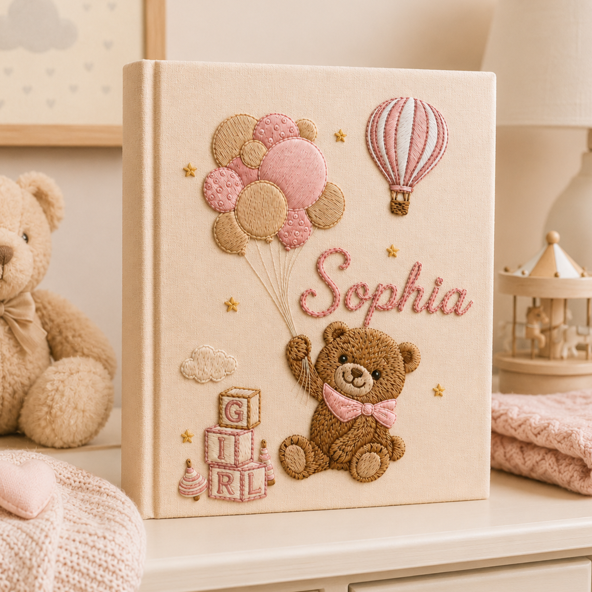 Personalized Hand Embroidered Baby Girl Photo Album, Embroidered Teddy Bear Balloon Memory Book, Newborn Keepsake Album, Baby Shower Gift