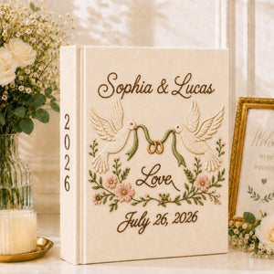 Custom Hand Embroidered Linen Wedding Photo Album, Love Birds Heart Wedding Memory Book, Linen Love Birds Wedding Book, Bridal Shower Gift