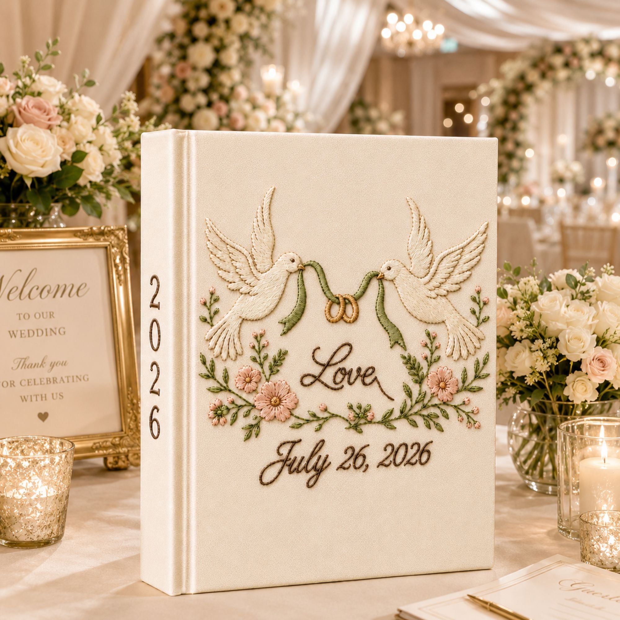 Custom Hand Embroidered Linen Wedding Photo Album, Love Birds Heart Wedding Memory Book, Linen Love Birds Wedding Book, Bridal Shower Gift