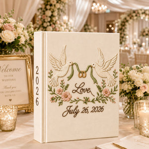 Custom Hand Embroidered Linen Wedding Photo Album, Love Birds Heart Wedding Memory Book, Linen Love Birds Wedding Book, Bridal Shower Gift