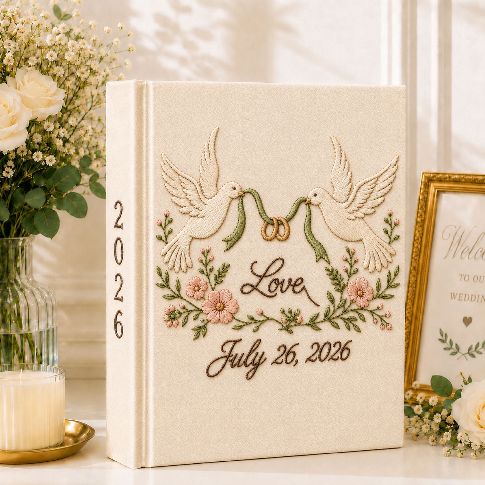 Custom Hand Embroidered Linen Wedding Photo Album, Love Birds Heart Wedding Memory Book, Linen Love Birds Wedding Book, Bridal Shower Gift