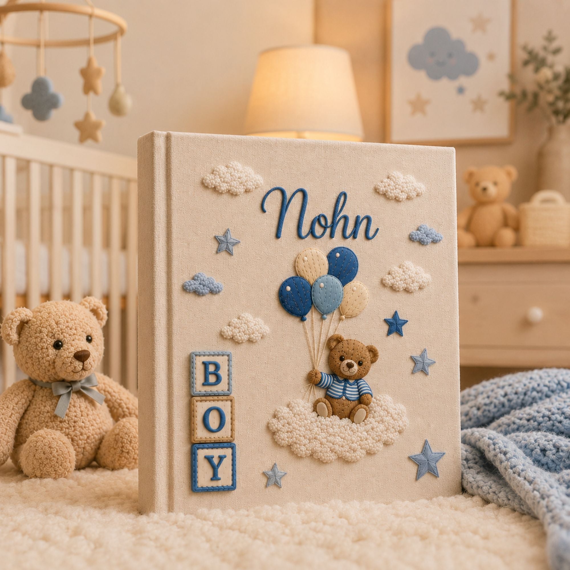Hand Embroidered Keepsake Baby Photo Album, Embroidered Teddy Bear Balloon Baby Memory Book, Custom Linen Baby Boy Album, Newborn Gift