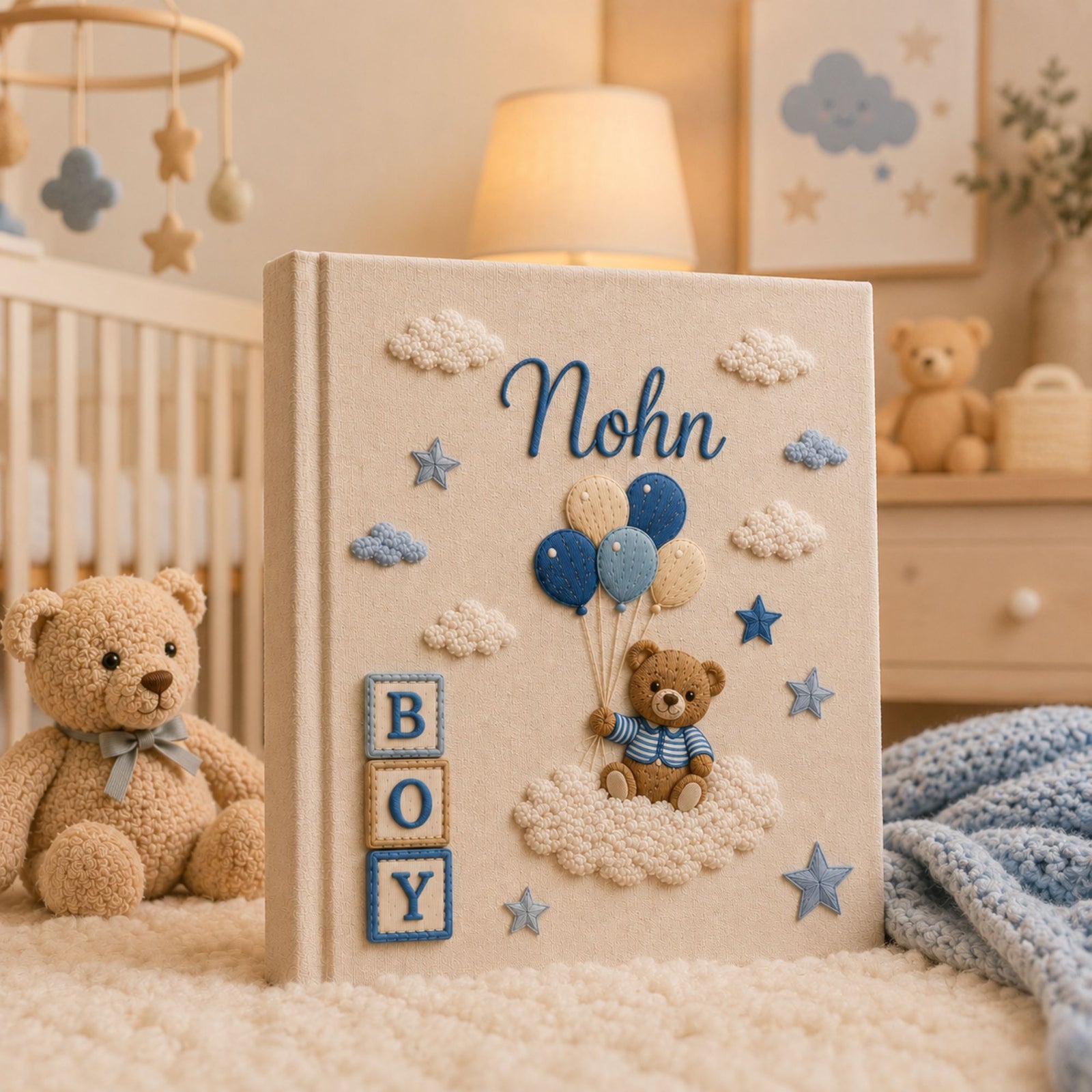 Hand Embroidered Keepsake Baby Photo Album, Embroidered Teddy Bear Balloon Baby Memory Book, Custom Linen Baby Boy Album, Newborn Gift