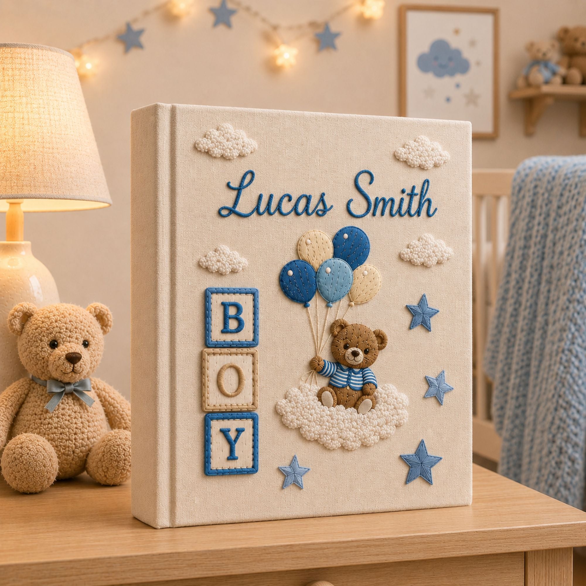 Hand Embroidered Keepsake Baby Photo Album, Embroidered Teddy Bear Balloon Baby Memory Book, Custom Linen Baby Boy Album, Newborn Gift