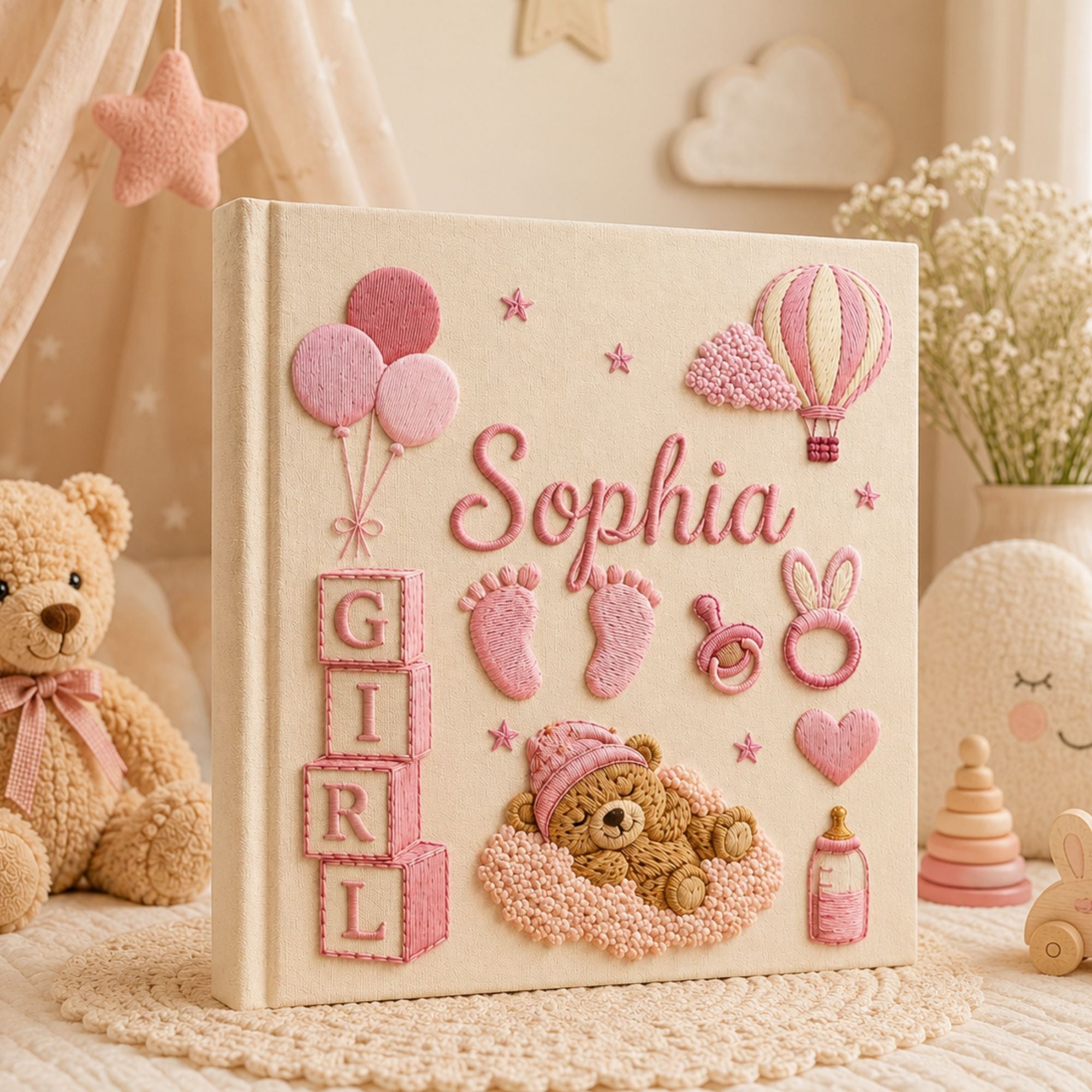 Hand Embroidered Teddy Bear Baby Photo Album, Custom Keepsake Embroidered Baby Memory Book, Newborn Keepsake Album, Custom Baby Shower Gift