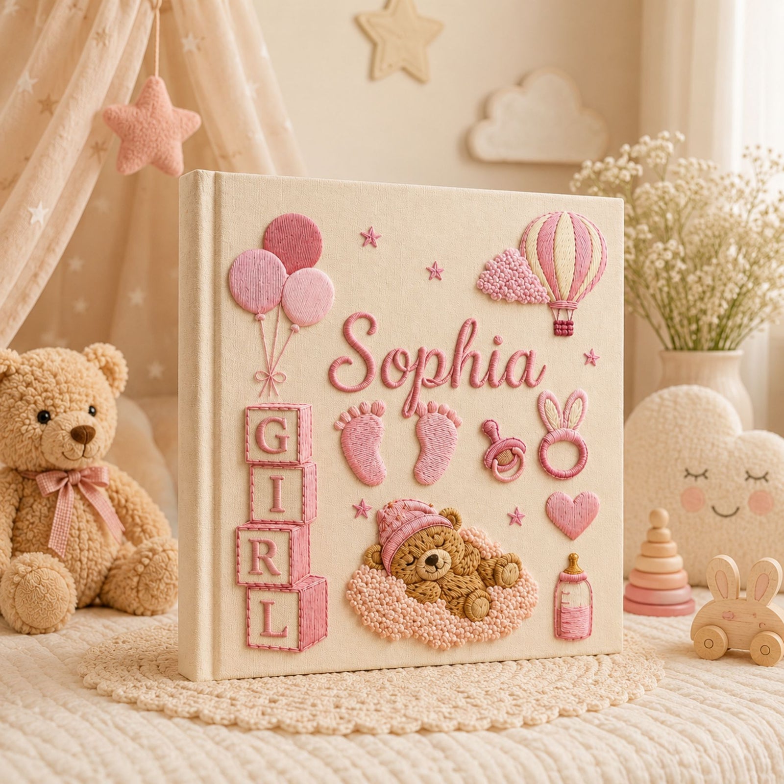 Hand Embroidered Teddy Bear Baby Photo Album, Custom Keepsake Embroidered Baby Memory Book, Newborn Keepsake Album, Custom Baby Shower Gift
