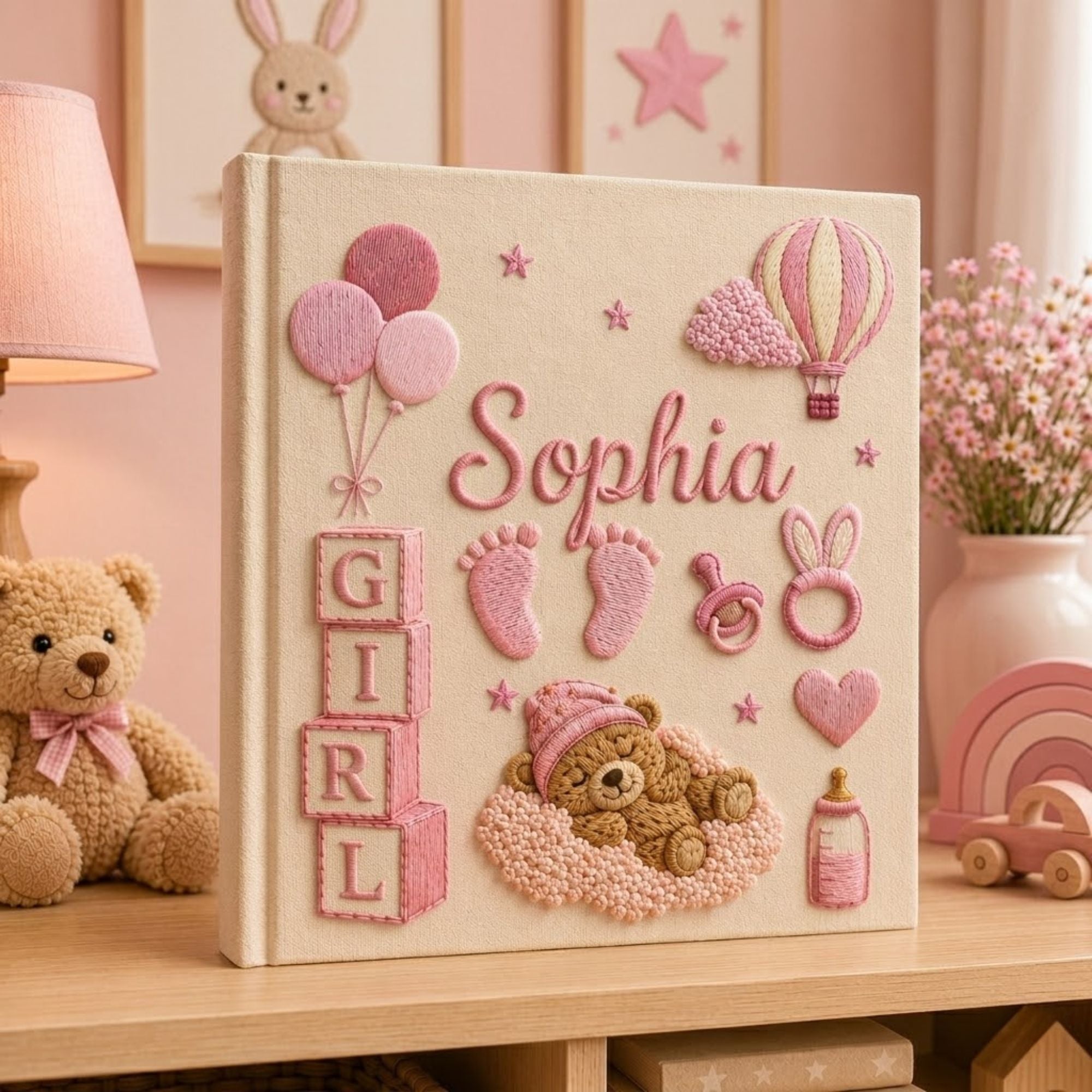 Hand Embroidered Teddy Bear Baby Photo Album, Custom Keepsake Embroidered Baby Memory Book, Newborn Keepsake Album, Custom Baby Shower Gift