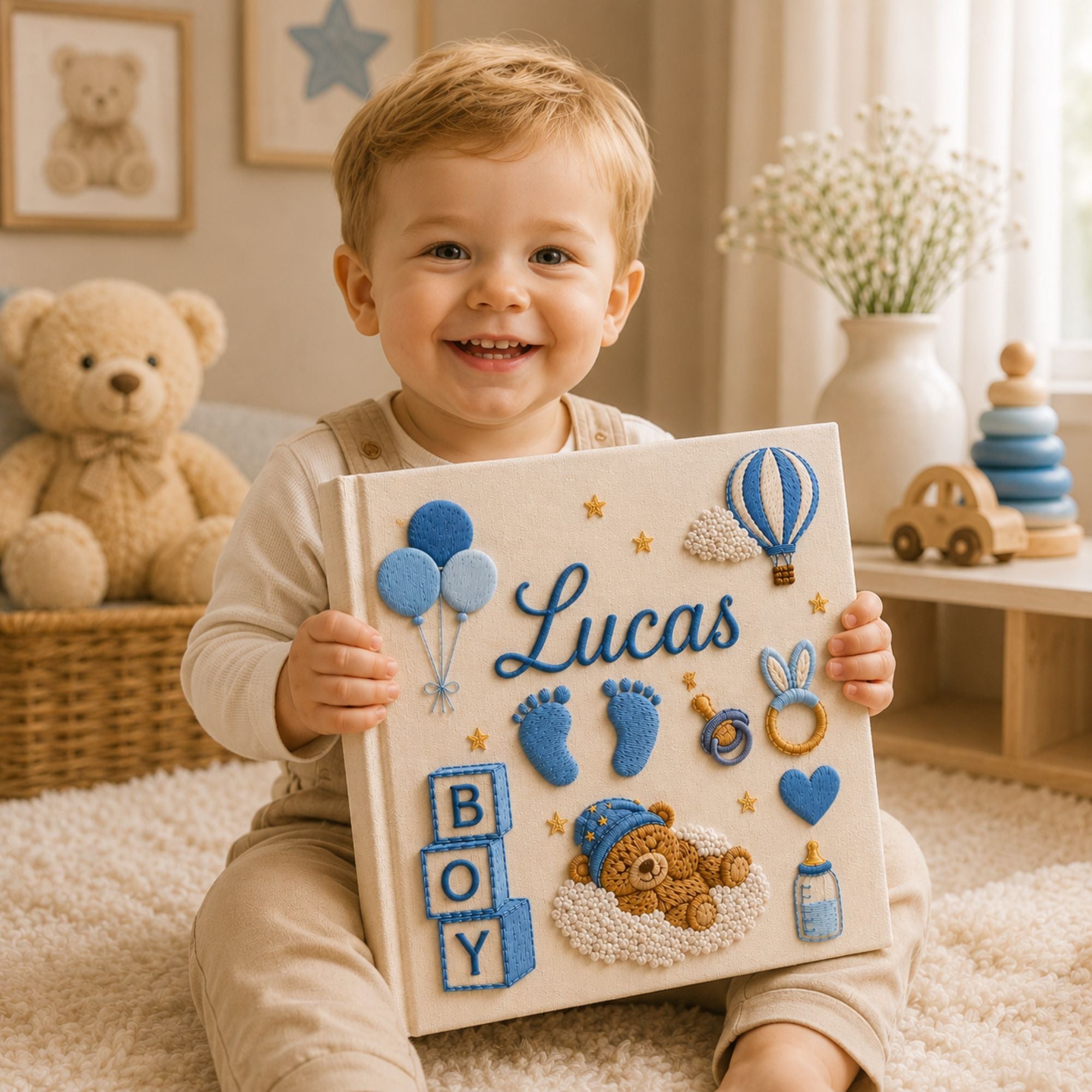 Hand Embroidered Teddy Bear Baby Boy Photo Album, Custom Keepsake Embroidered Baby Memory Book, Newborn Keepsake Album, Custom Baby Shower Gift