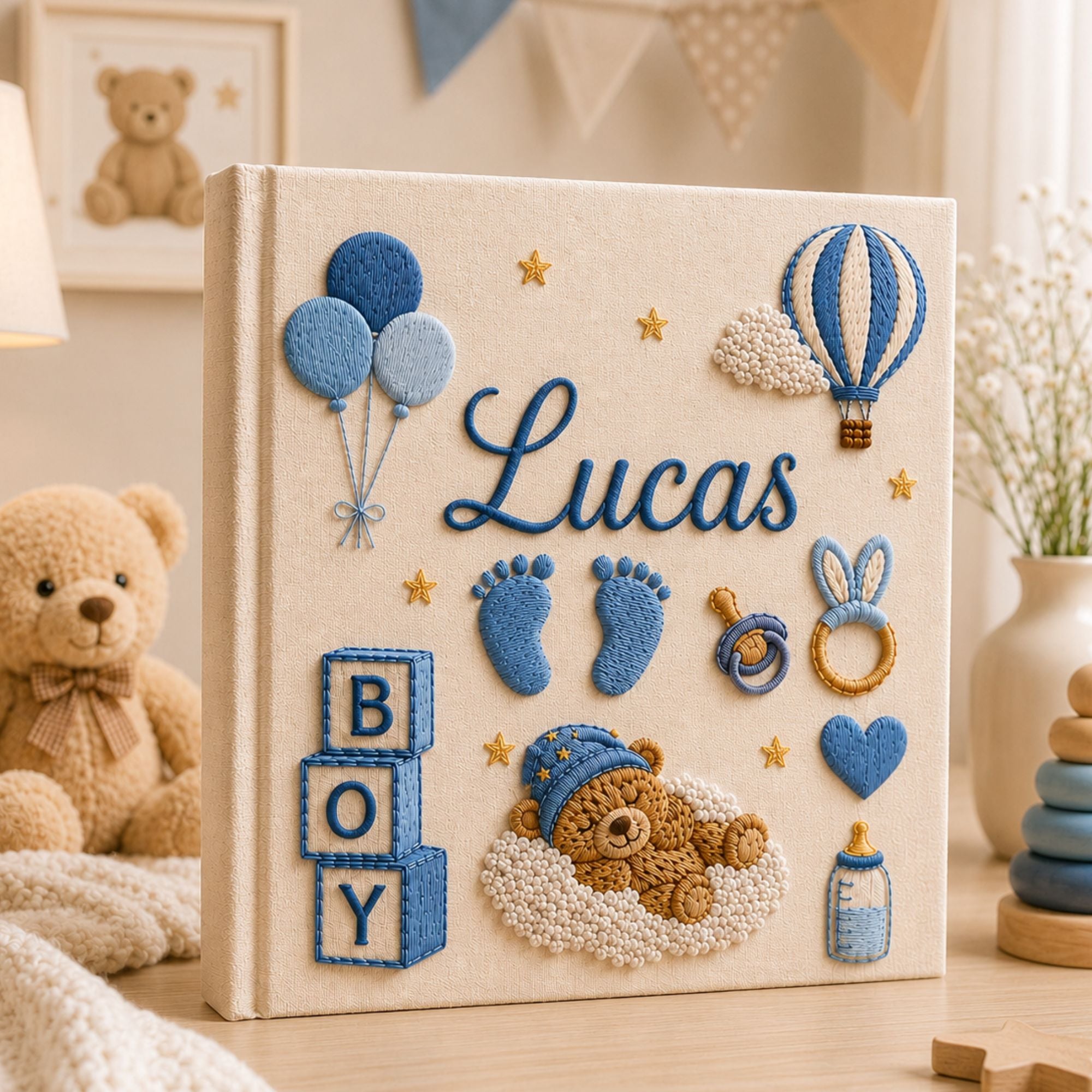 Hand Embroidered Teddy Bear Baby Boy Photo Album, Custom Keepsake Embroidered Baby Memory Book, Newborn Keepsake Album, Custom Baby Shower Gift