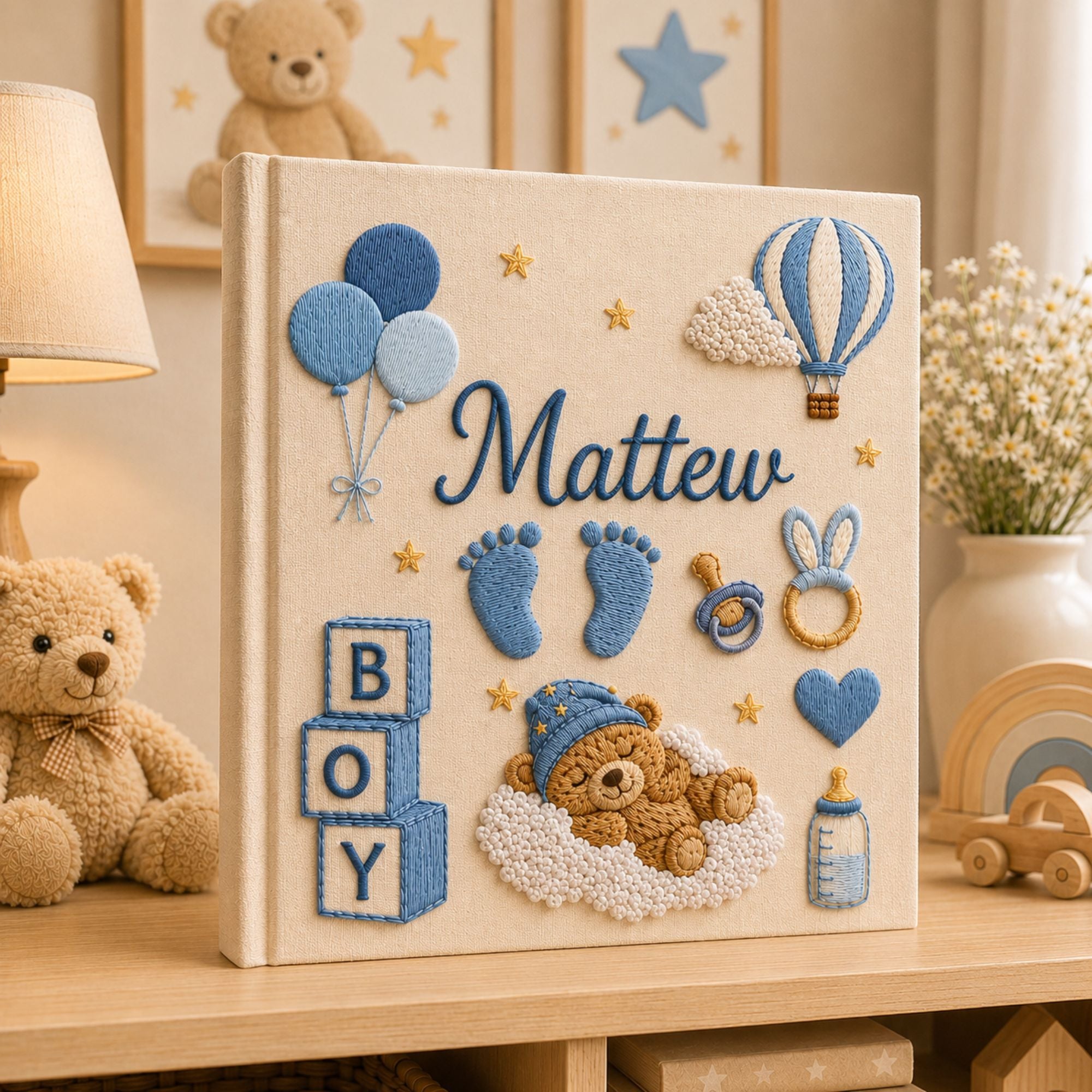 Hand Embroidered Teddy Bear Baby Boy Photo Album, Custom Keepsake Embroidered Baby Memory Book, Newborn Keepsake Album, Custom Baby Shower Gift
