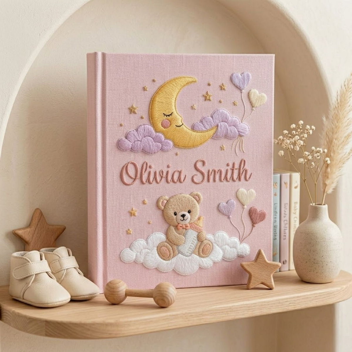 Personalized Baby Photo Album, Hand Embroidered Dinosaur Memory Book, Custom Name Keepsake, Woodland Nursery Gift, Newborn, Baby Shower Gift