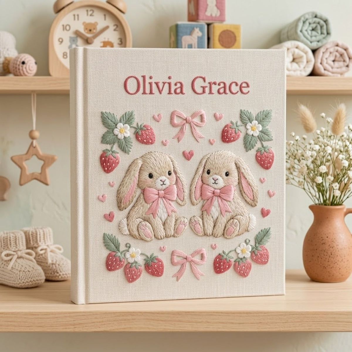 Hand Embroidered Baby Photo Album, Personalized Baby Memory Book, Custom Name Keepsake Album, Bunny Floral Nursery Gift, Baby Shower Gift