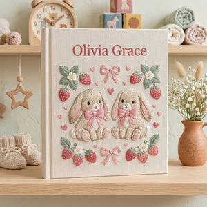Hand Embroidered Baby Photo Album, Personalized Baby Memory Book, Custom Name Keepsake Album, Bunny Floral Nursery Gift, Baby Shower Gift