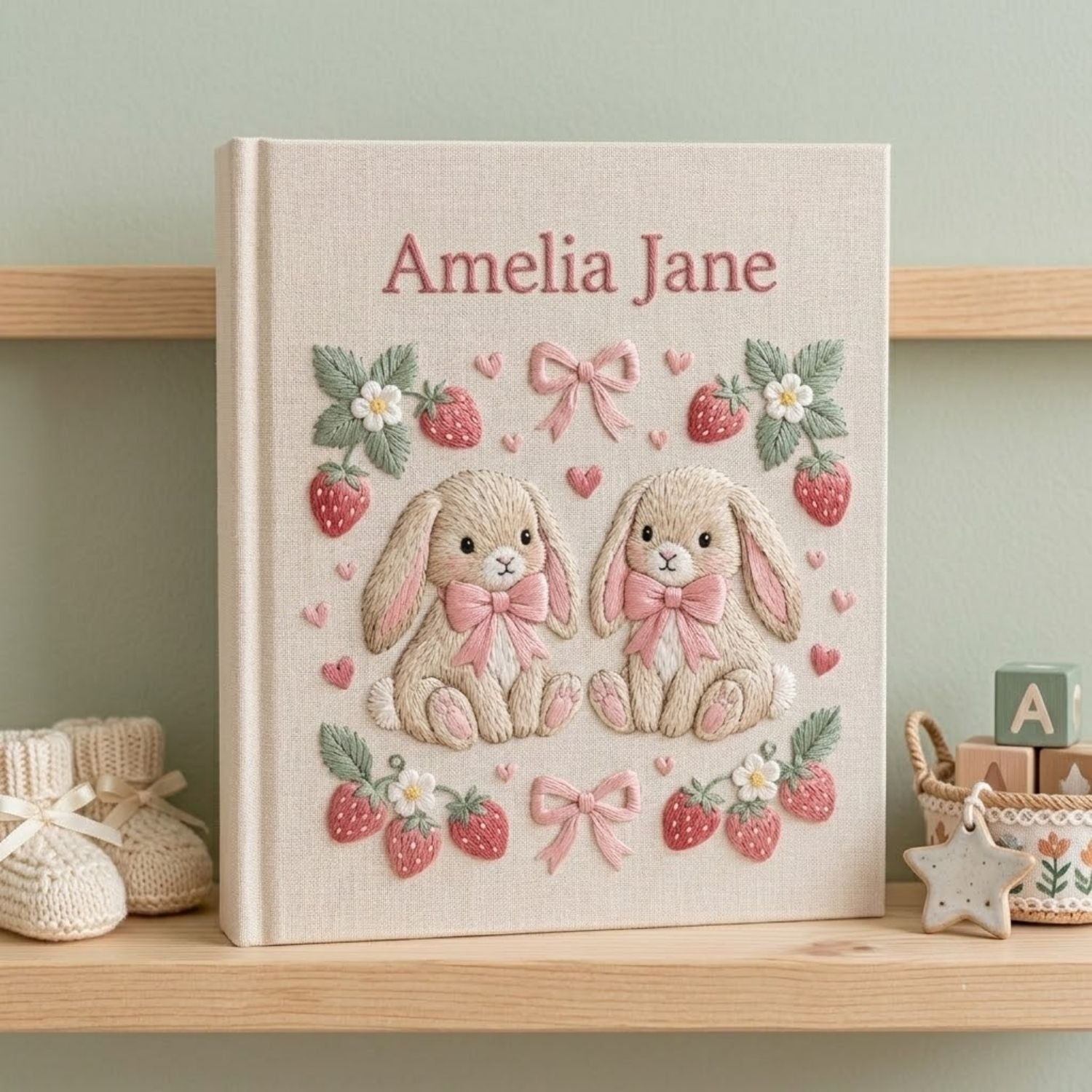 Hand Embroidered Baby Photo Album, Personalized Baby Memory Book, Custom Name Keepsake Album, Bunny Floral Nursery Gift, Baby Shower Gift