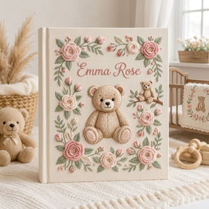 Hand Embroidered Baby Photo Album, Personalized Teddy Bear Baby Book, Custom Name Floral Rose Nursery Keepsake, Baby Shower Gift