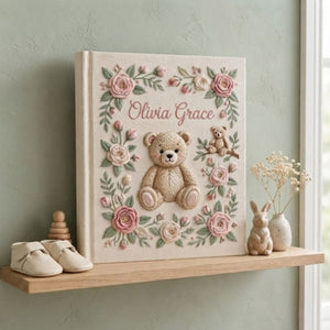 Hand Embroidered Baby Photo Album, Personalized Teddy Bear Baby Book, Custom Name Floral Rose Nursery Keepsake, Baby Shower Gift