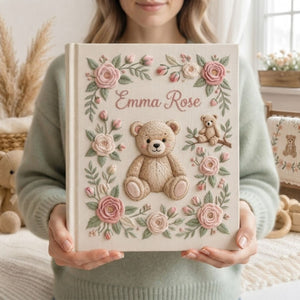 Hand Embroidered Baby Photo Album, Personalized Teddy Bear Baby Book, Custom Name Floral Rose Nursery Keepsake, Baby Shower Gift