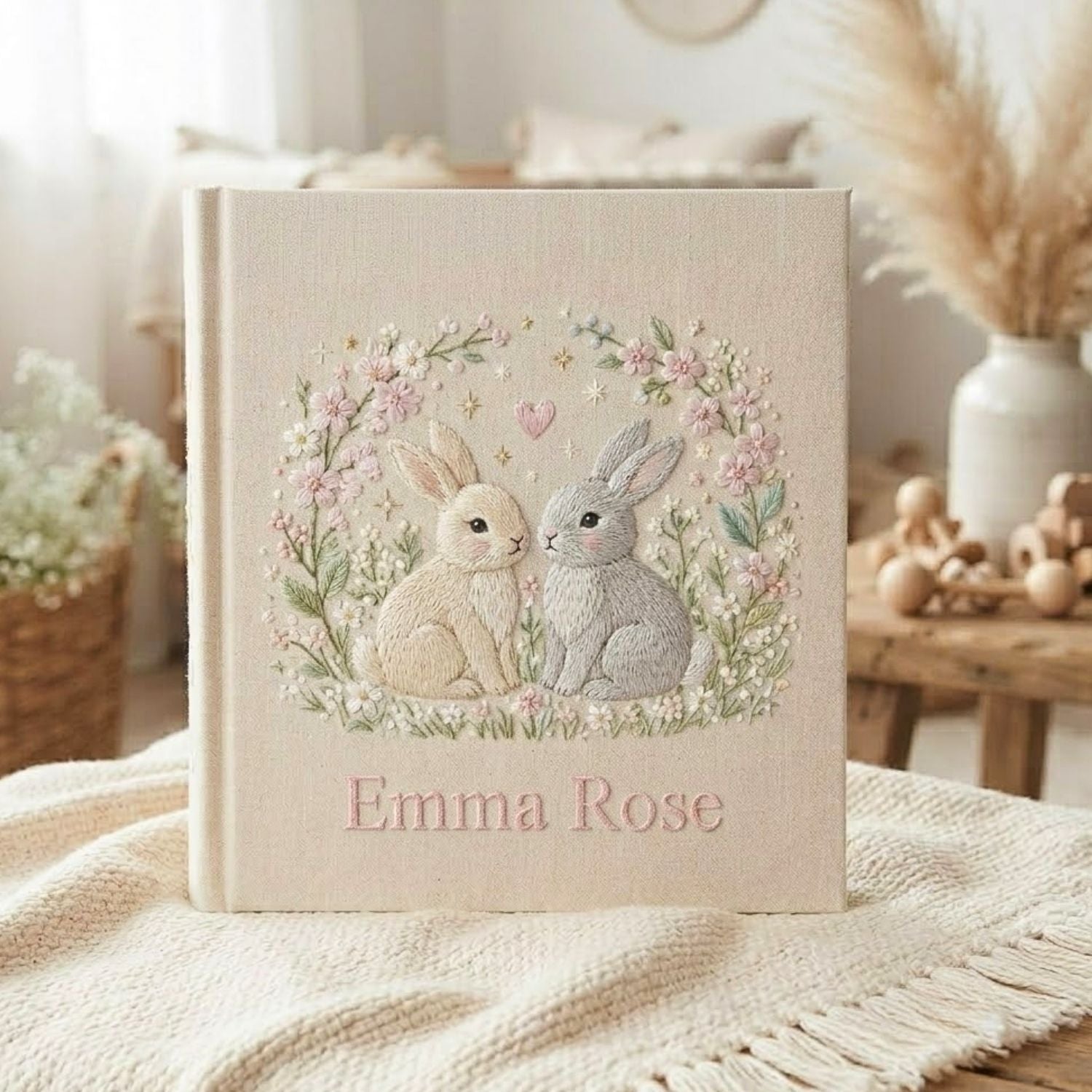 Hand Embroidered Baby Photo Album, Personalized Bunny Baby Book, Custom Name Twin Rabbit Floral Nursery Keepsake, Baby Shower Gift