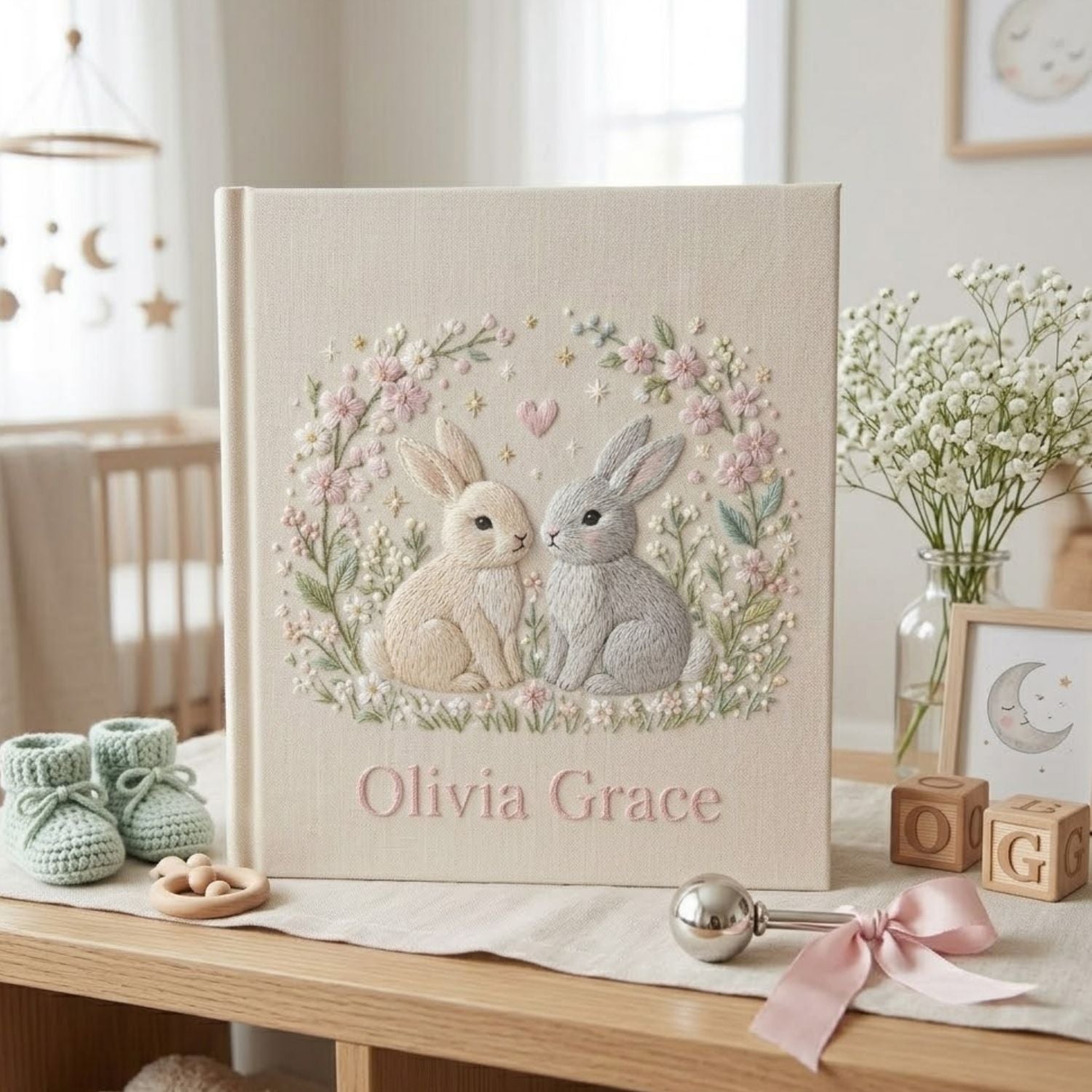 Hand Embroidered Baby Photo Album, Personalized Bunny Baby Book, Custom Name Twin Rabbit Floral Nursery Keepsake, Baby Shower Gift