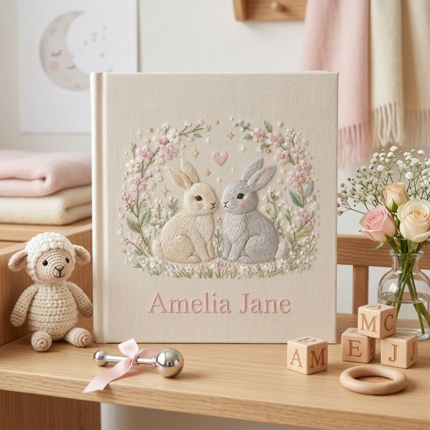 Hand Embroidered Baby Photo Album, Personalized Bunny Baby Book, Custom Name Twin Rabbit Floral Nursery Keepsake, Baby Shower Gift