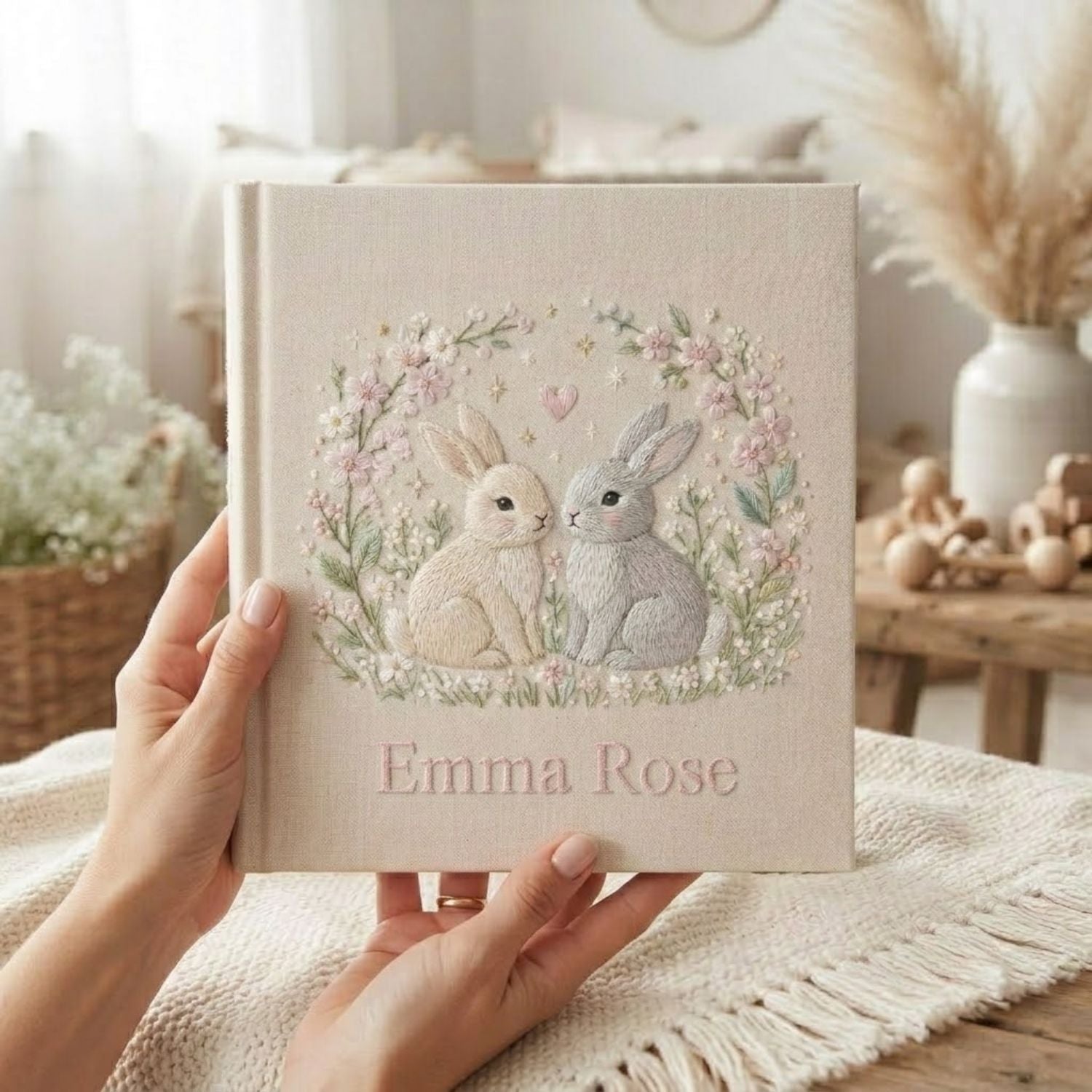 Hand Embroidered Baby Photo Album, Personalized Bunny Baby Book, Custom Name Twin Rabbit Floral Nursery Keepsake, Baby Shower Gift