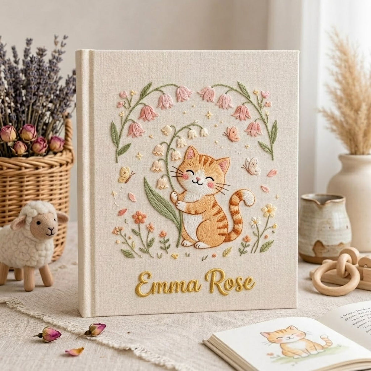 Hand Embroidered Baby Photo Album, Personalized Kitten Baby Book, Custom Name Floral Cat Nursery Keepsake, Baby Shower Gift