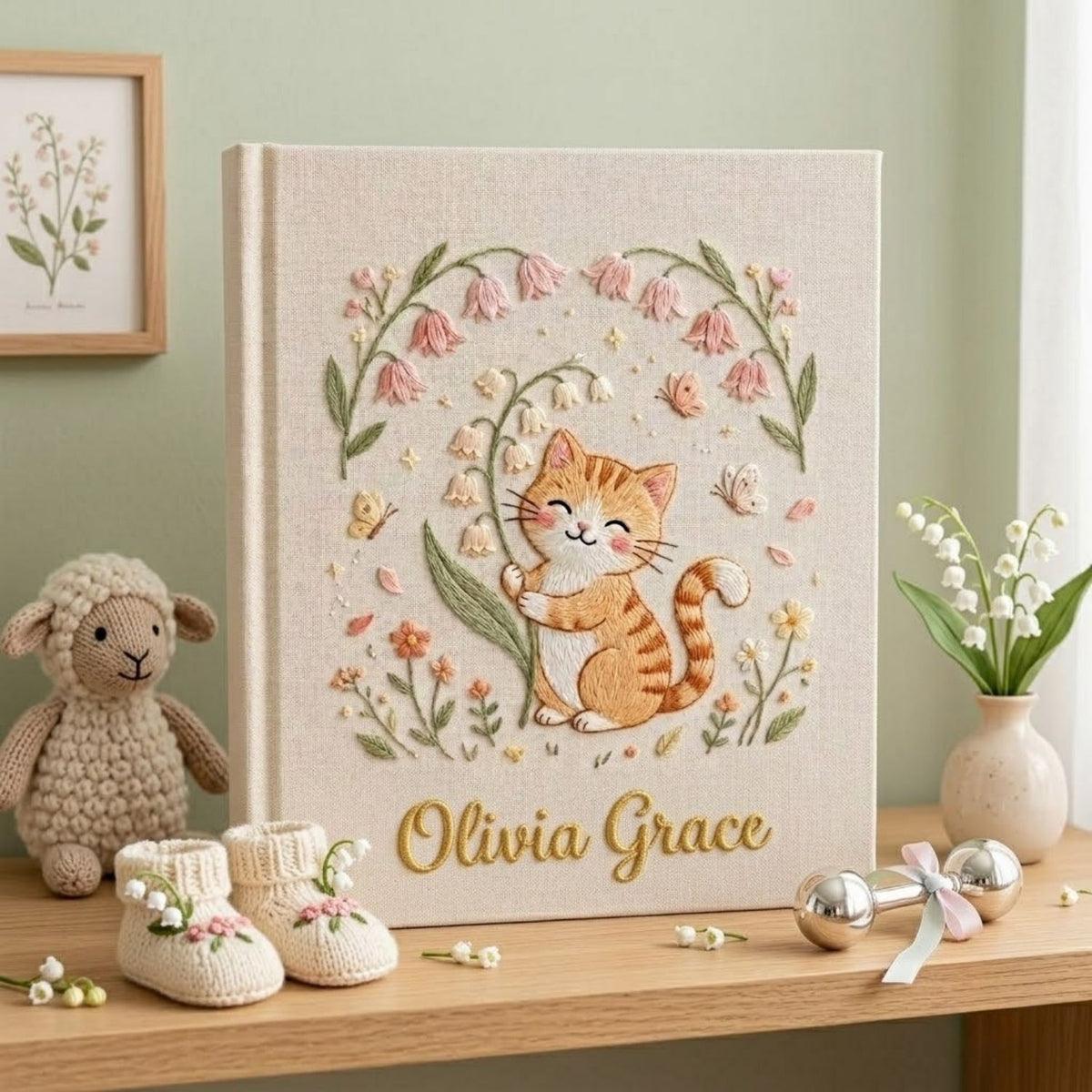Hand Embroidered Baby Photo Album, Personalized Kitten Baby Book, Custom Name Floral Cat Nursery Keepsake, Baby Shower Gift