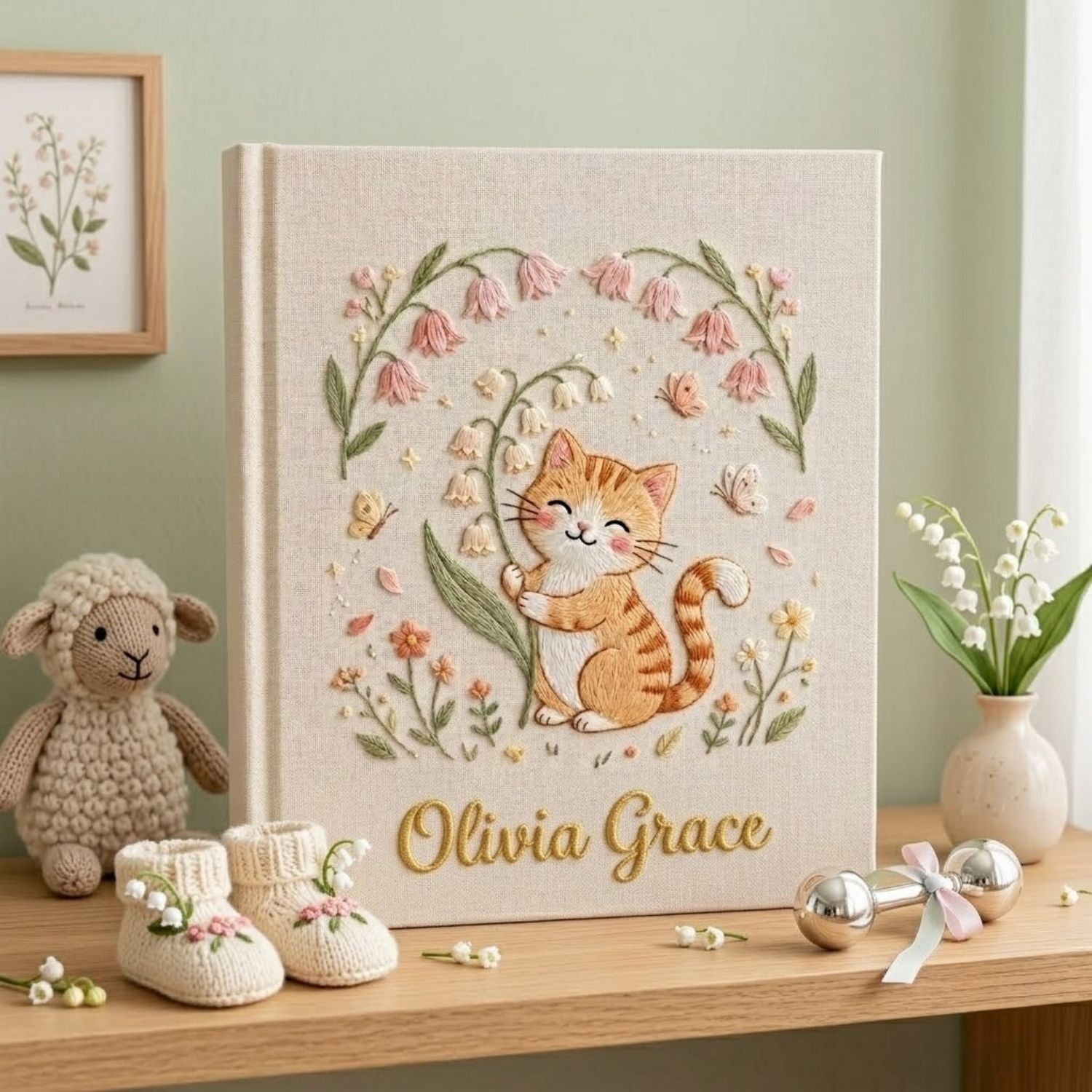Hand Embroidered Baby Photo Album, Personalized Kitten Baby Book, Custom Name Floral Cat Nursery Keepsake, Baby Shower Gift