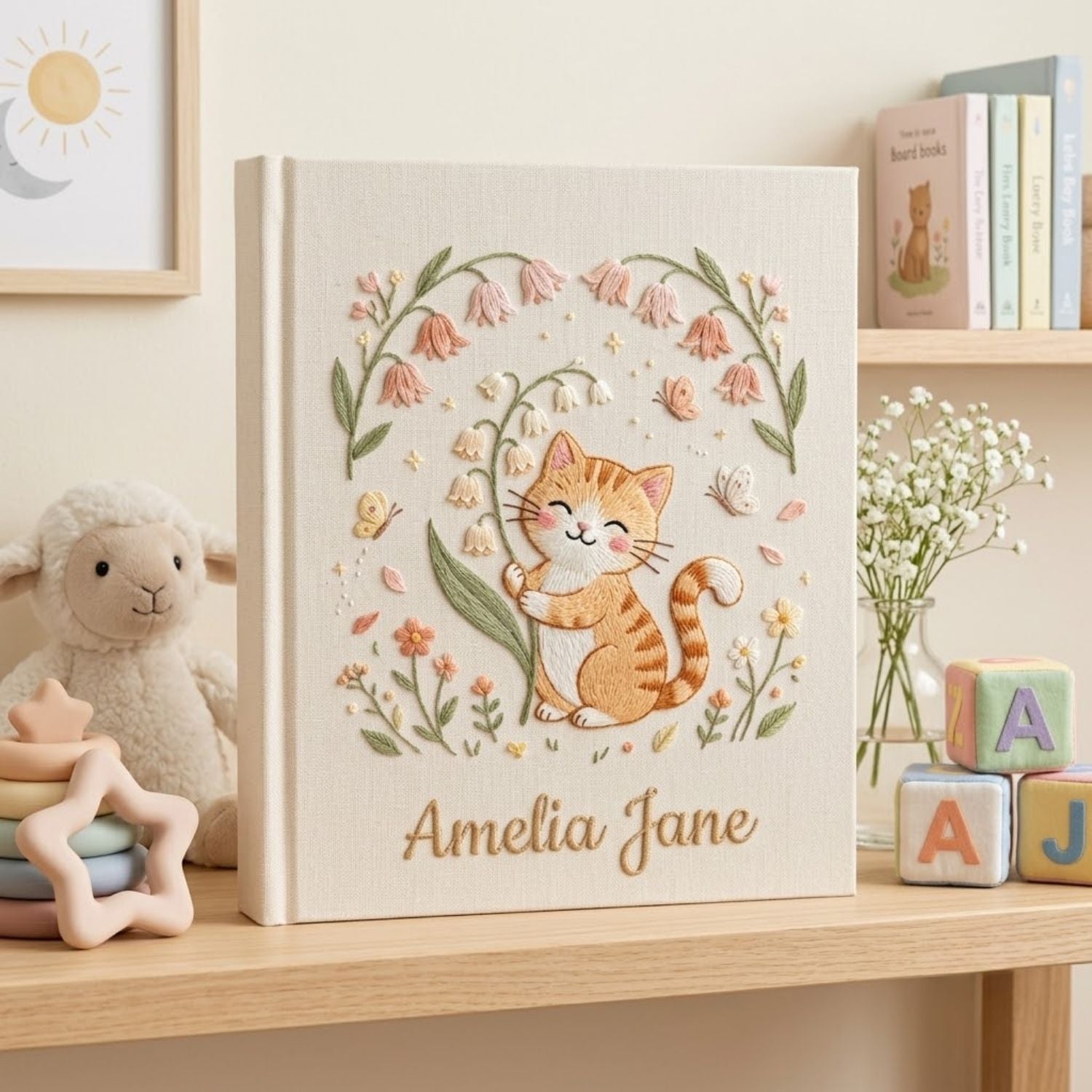 Hand Embroidered Baby Photo Album, Personalized Kitten Baby Book, Custom Name Floral Cat Nursery Keepsake, Baby Shower Gift