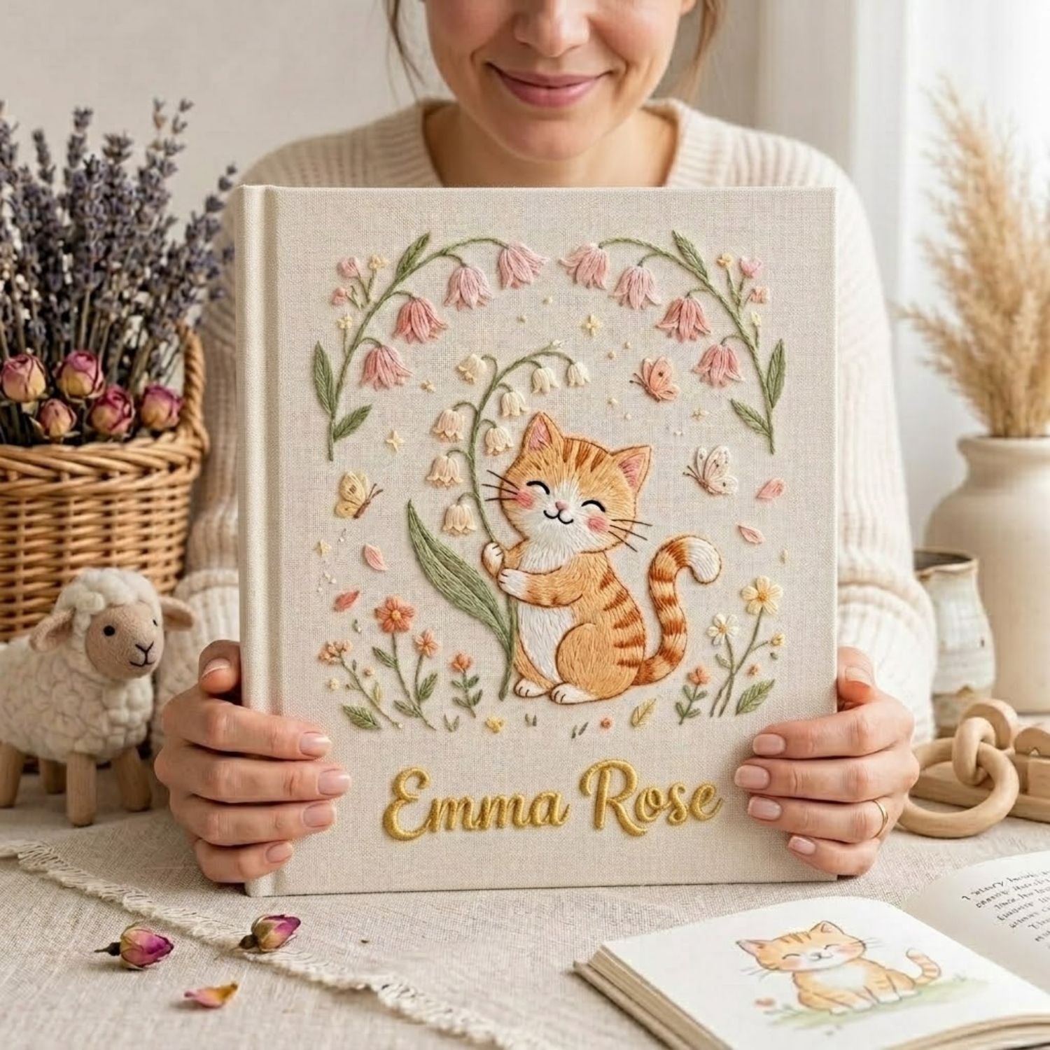 Hand Embroidered Baby Photo Album, Personalized Kitten Baby Book, Custom Name Floral Cat Nursery Keepsake, Baby Shower Gift