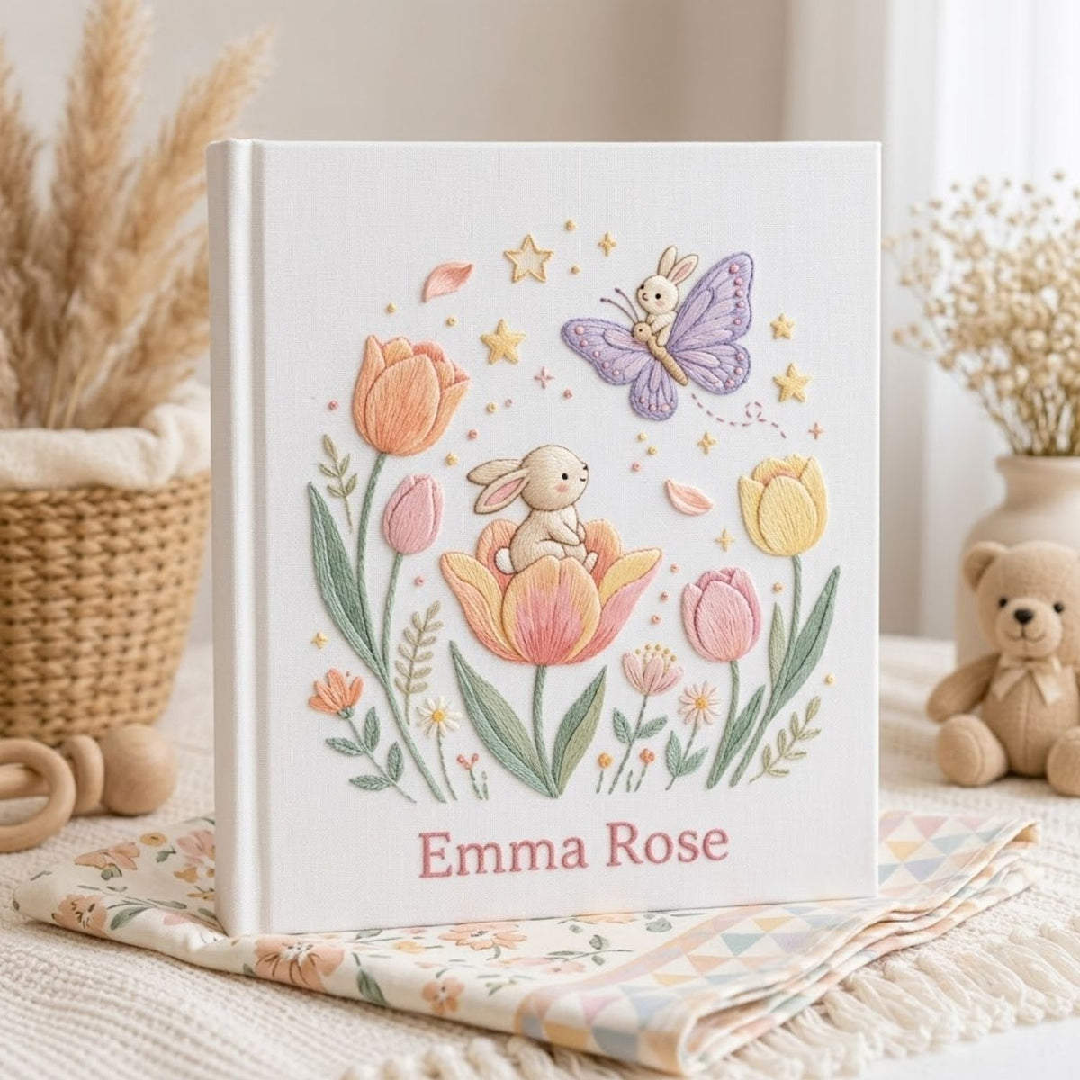 Hand Embroidered Baby Photo Album, Personalized Bunny Baby Book, Custom Name Butterfly Floral Nursery Keepsake, Baby Shower Gift