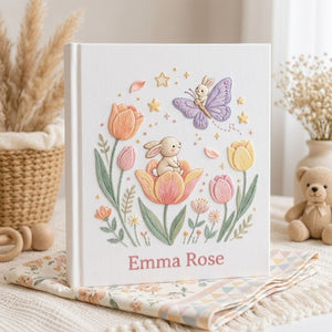 Hand Embroidered Baby Photo Album, Personalized Bunny Baby Book, Custom Name Butterfly Floral Nursery Keepsake, Baby Shower Gift
