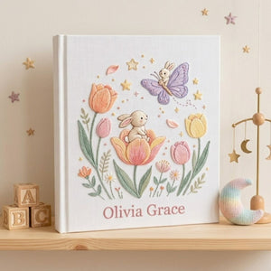 Hand Embroidered Baby Photo Album, Personalized Bunny Baby Book, Custom Name Butterfly Floral Nursery Keepsake, Baby Shower Gift