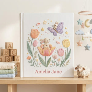 Hand Embroidered Baby Photo Album, Personalized Bunny Baby Book, Custom Name Butterfly Floral Nursery Keepsake, Baby Shower Gift
