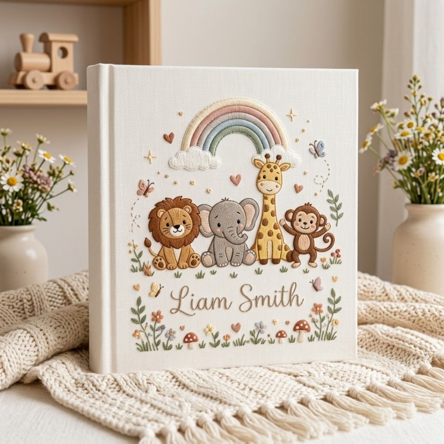 Hand Embroidered Baby Photo Album, Personalized Safari Animals Baby Book, Custom Name Jungle Rainbow Nursery Keepsake, Baby Shower Gift