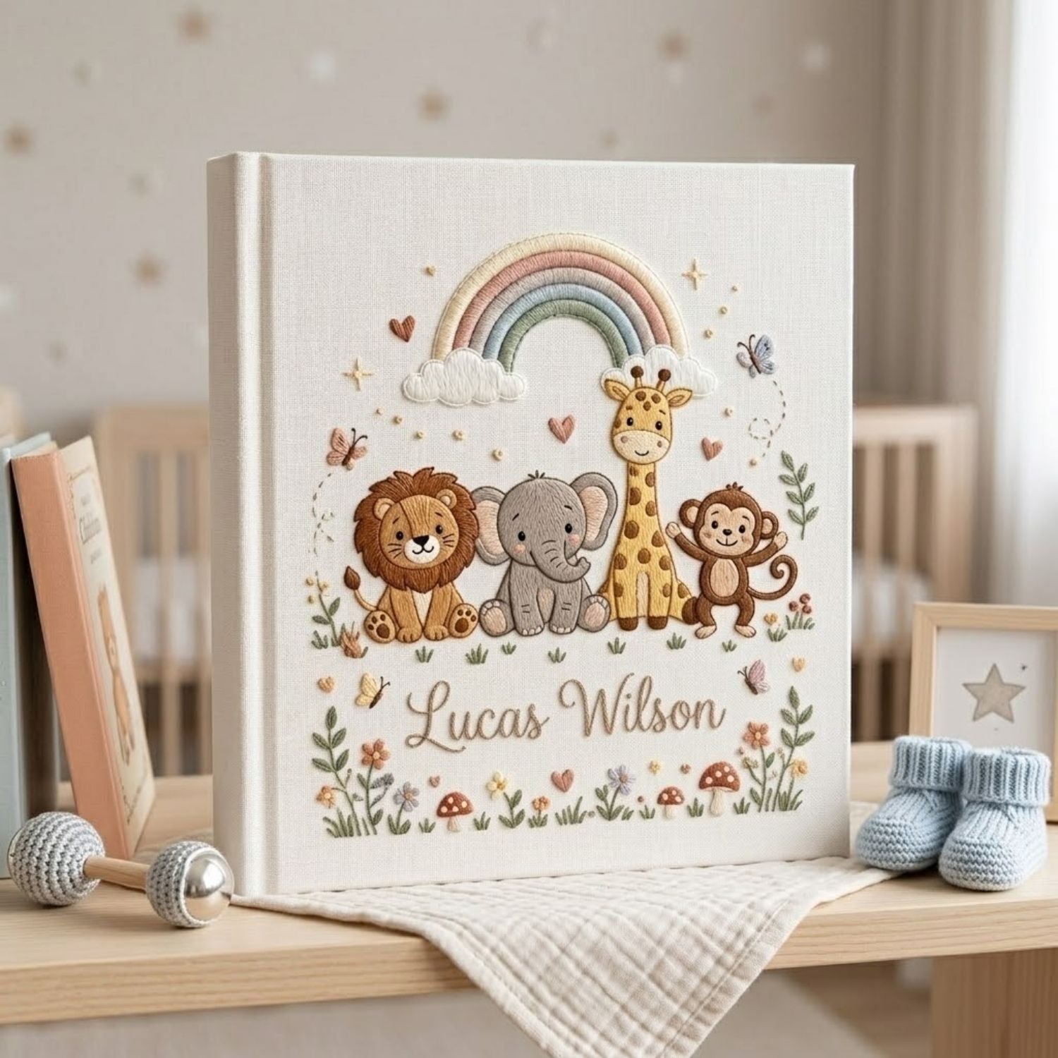 Hand Embroidered Baby Photo Album, Personalized Safari Animals Baby Book, Custom Name Jungle Rainbow Nursery Keepsake, Baby Shower Gift