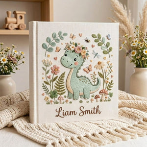 Hand Embroidered Baby Photo Album, Personalized Dinosaur Baby Book, Custom Name Floral Dino Nursery Keepsake, Baby Shower Gift