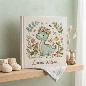 Hand Embroidered Baby Photo Album, Personalized Dinosaur Baby Book, Custom Name Floral Dino Nursery Keepsake, Baby Shower Gift