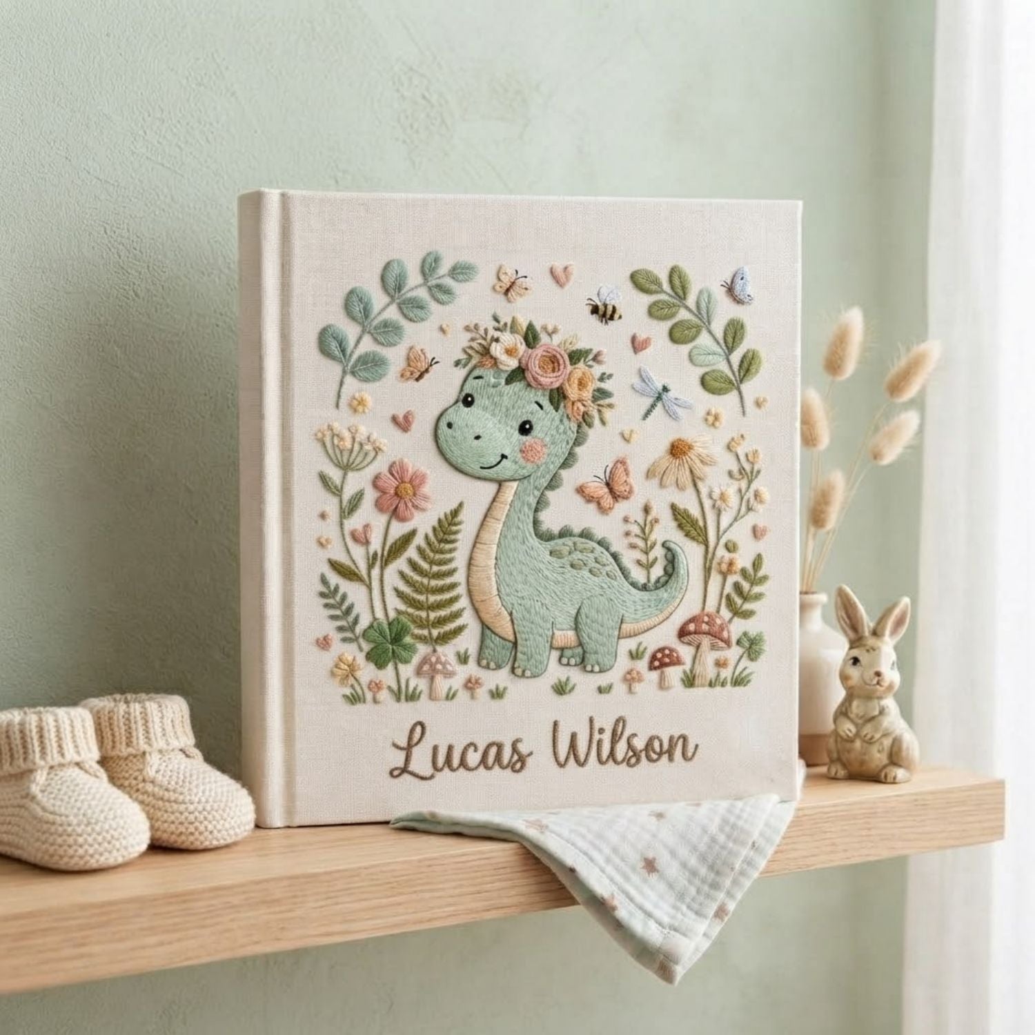 Hand Embroidered Baby Photo Album, Personalized Dinosaur Baby Book, Custom Name Floral Dino Nursery Keepsake, Baby Shower Gift