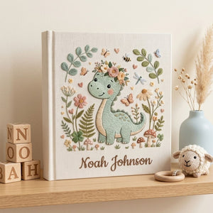 Hand Embroidered Baby Photo Album, Personalized Dinosaur Baby Book, Custom Name Floral Dino Nursery Keepsake, Baby Shower Gift