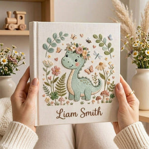 Hand Embroidered Baby Photo Album, Personalized Dinosaur Baby Book, Custom Name Floral Dino Nursery Keepsake, Baby Shower Gift