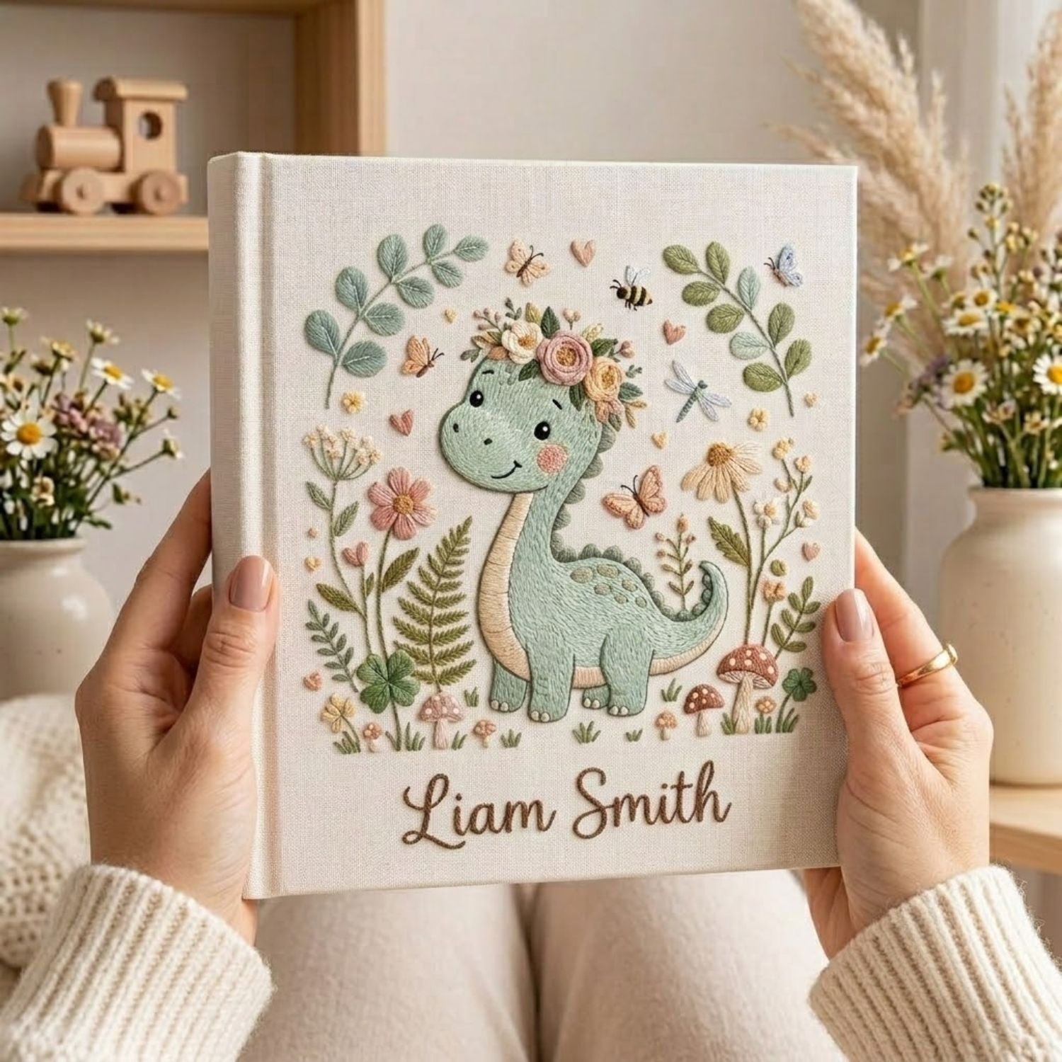 Hand Embroidered Baby Photo Album, Personalized Dinosaur Baby Book, Custom Name Floral Dino Nursery Keepsake, Baby Shower Gift