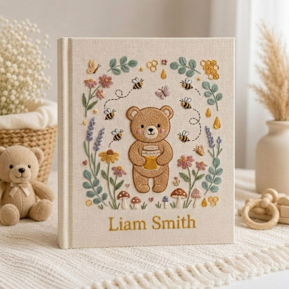 Hand Embroidered Baby Photo Album, Personalized Teddy Bear Baby Book, Custom Name Honey Bee Bear Nursery Keepsake, Baby Shower Gift