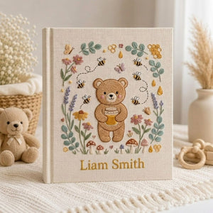 Hand Embroidered Baby Photo Album, Personalized Teddy Bear Baby Book, Custom Name Honey Bee Bear Nursery Keepsake, Baby Shower Gift