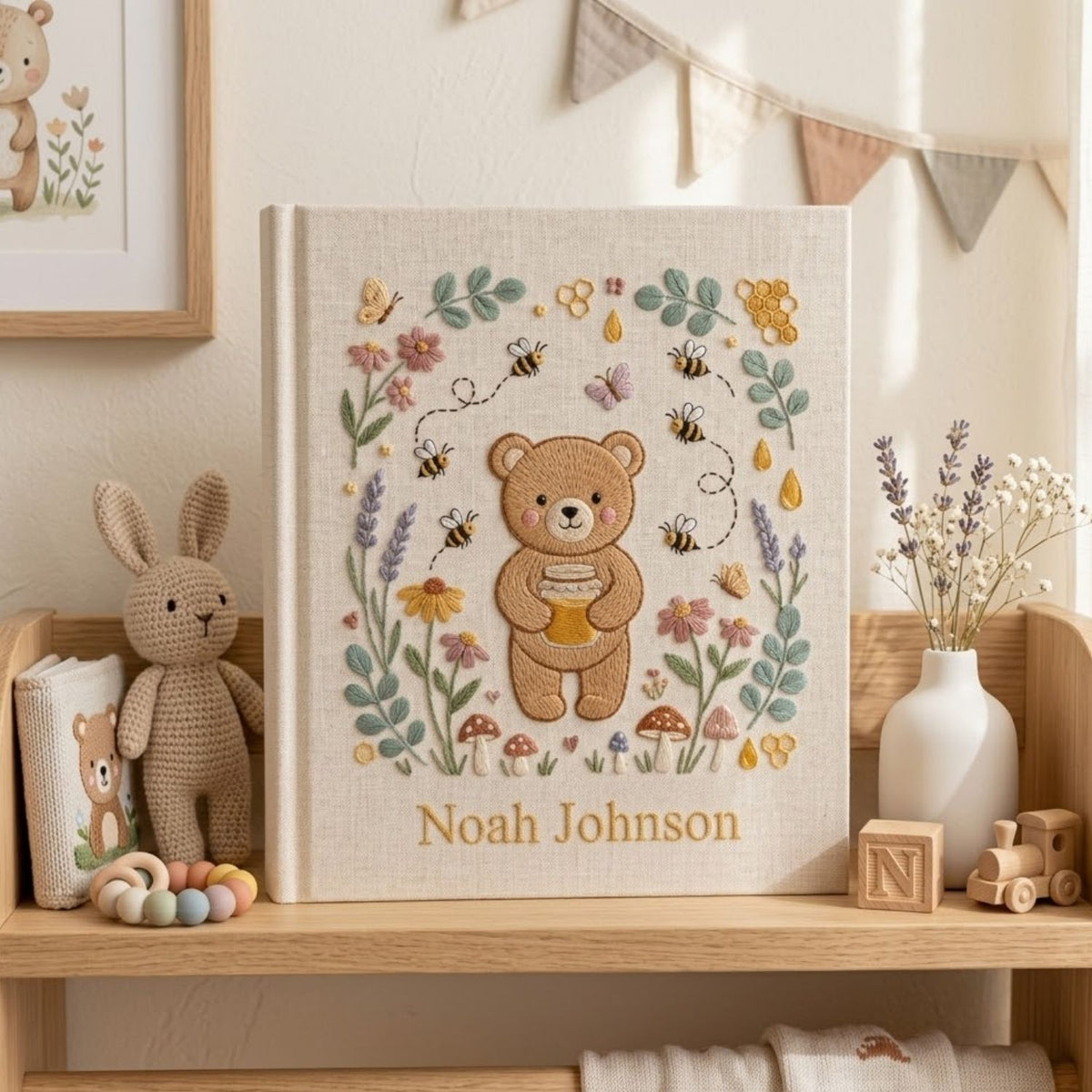 Hand Embroidered Baby Photo Album, Personalized Teddy Bear Baby Book, Custom Name Honey Bee Bear Nursery Keepsake, Baby Shower Gift