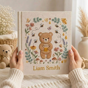 Hand Embroidered Baby Photo Album, Personalized Teddy Bear Baby Book, Custom Name Honey Bee Bear Nursery Keepsake, Baby Shower Gift